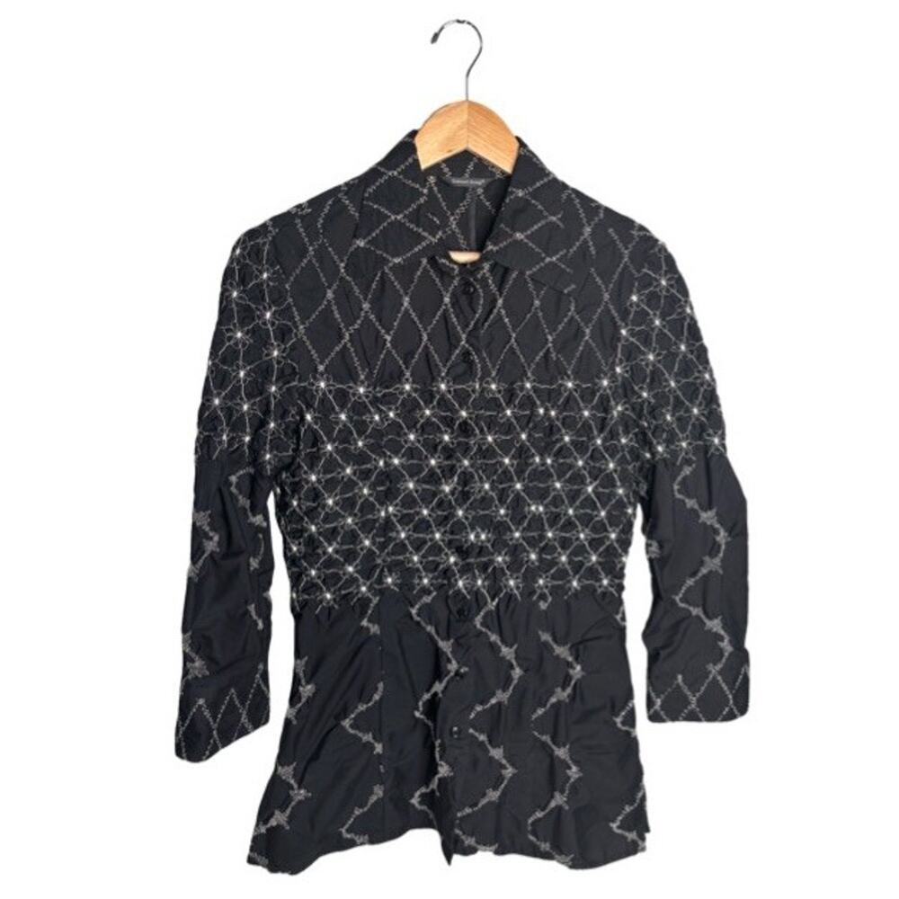 Samuel Dong Button Down Top Black Embroidered Size Medium White Smocked Bust